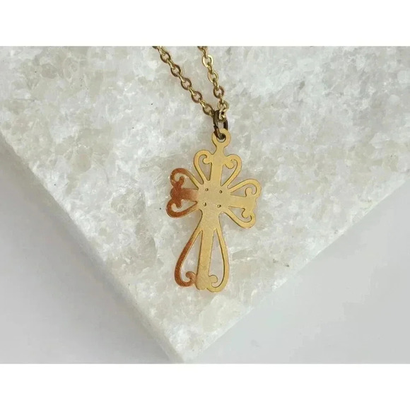 Gold Toned Ornamental Cross Pendant Necklace - 14" - Picture 2 of 8